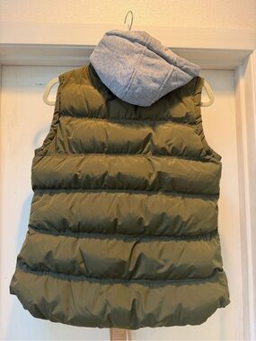Quilted Olive Green Puffer Vest with Gray Hood small